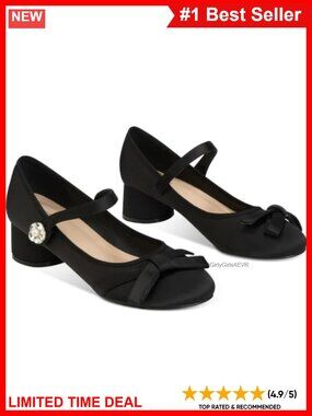 Satin Mary Jane Heels with Bow Toe Block Heel Pumps